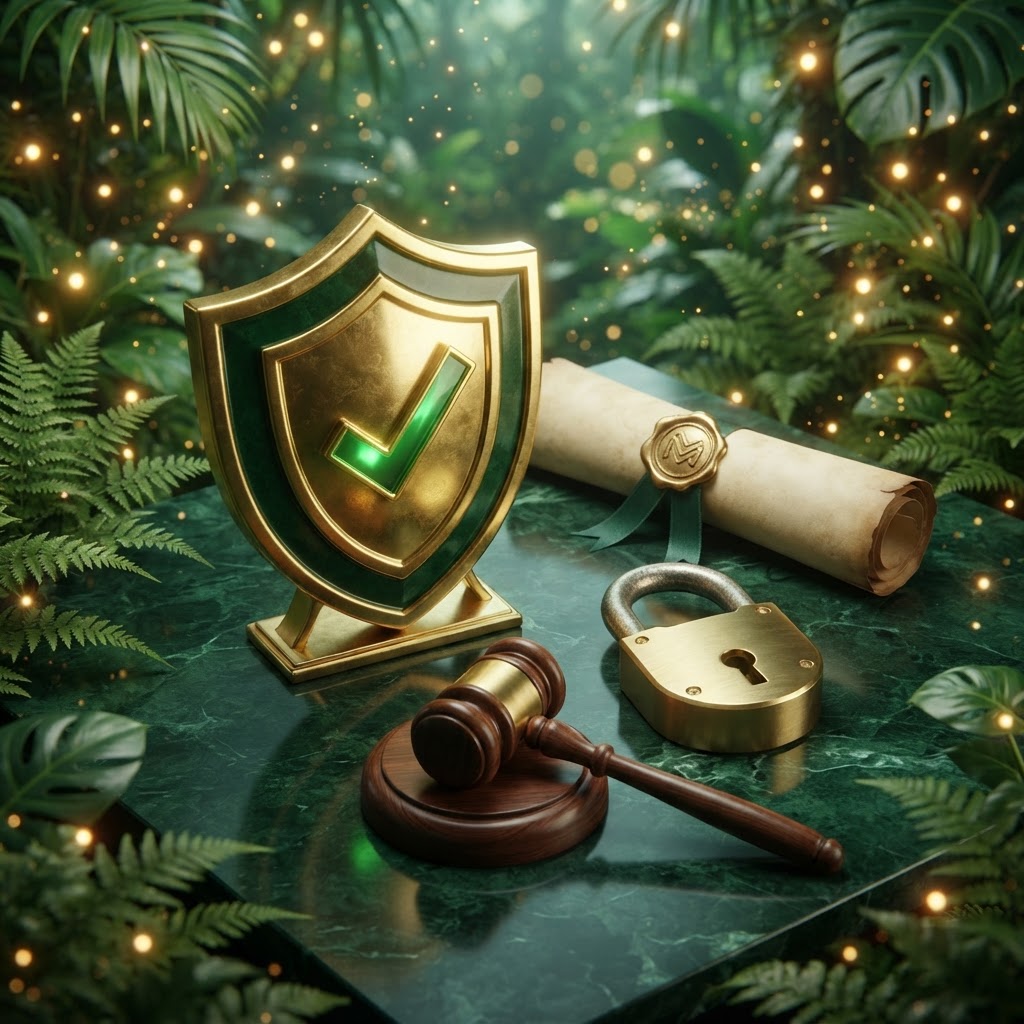 Gold shield with checkmark, certificate and padlock – Fair Go Casino licence and security