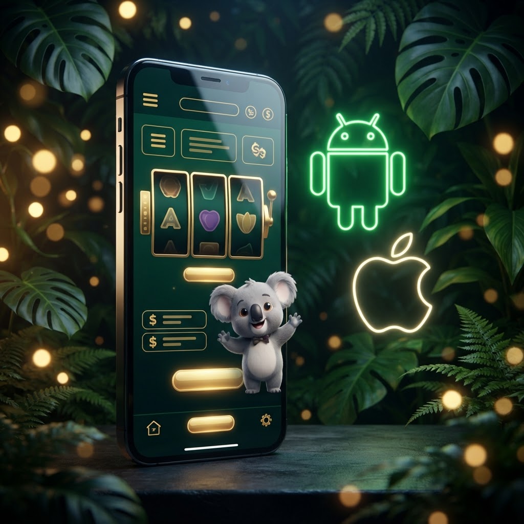Smartphone with Fair Go mobile casino lobby, koala mascot and neon Android and Apple icons