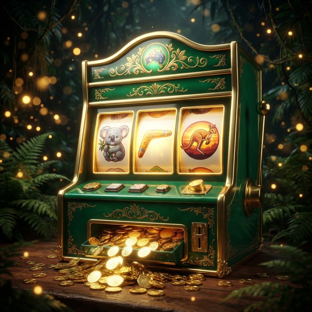Emerald and gold pokie machine with koala, boomerang and kangaroo reels – Fair Go Casino review